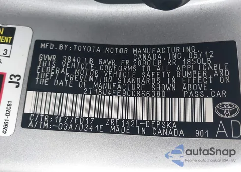 2012 Toyota Corolla S из США, поврежденный, VIN 2T1BU4EE9CC866380